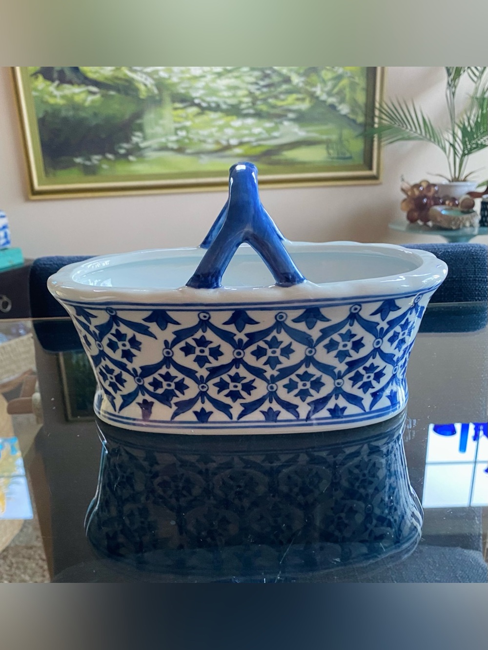 Vintage Chinoiserie Blue & White Ceramic Oval Basket with Forked Handle